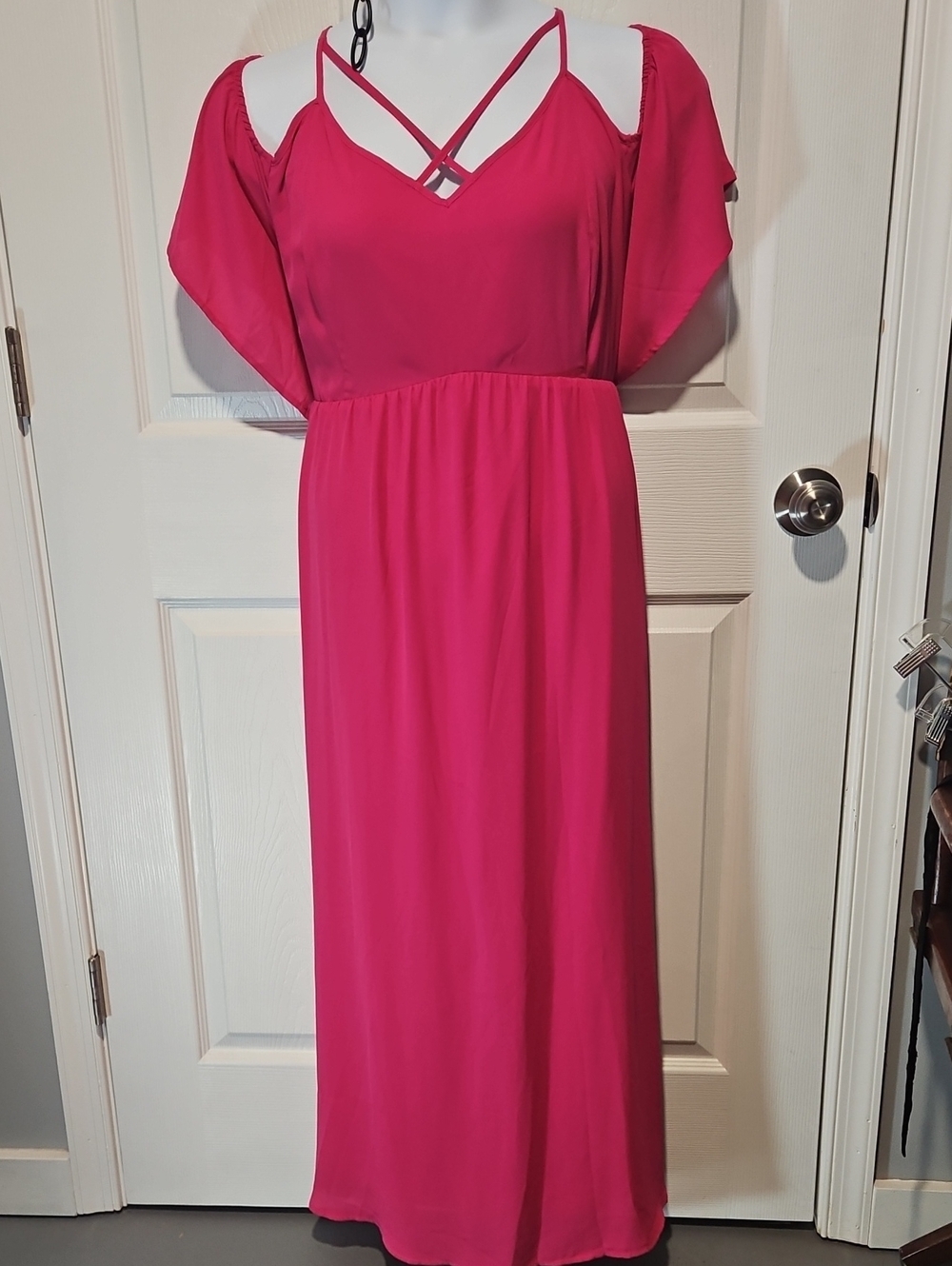 Lane Bryant Fuchsia Cold-Shoulder Maxi Dress with Crisscross V-Neck